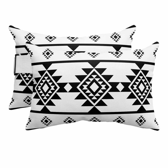 Outdoor Lumbar Pillows with Strap & Insert Black White Aztec Recliner Head Pillow Pack of 2 Western Tribal Pattern Waterproof Headrest Patio Lounge Chair Pillows for Beach Office 11x16 Inch