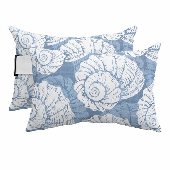 Outdoor Lumbar Pillows with Strap & Insert Blue Coastal Shells Recliner Head Pillow Pack of 2 Ocean Conch Marine Life Waterproof Headrest Patio Lounge Chair Pillows for Beach Office 12x20 Inch