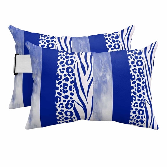 Outdoor Lumbar Pillows with Strap & Insert Blue Leopard Zebra Stripes Recliner Head Pillow Pack of 2 Abstract Collage Waterproof Headrest Patio Lounge Chair Pillows for Beach Office 12x20 Inch