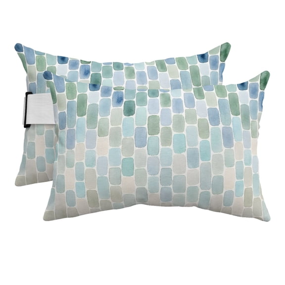 Outdoor Lumbar Pillows with Strap & Insert Blue Mosaic Tiles Recliner Head Pillow Pack of 2 Abstract Gradient Block Waterproof Headrest Patio Lounge Chair Pillows for Beach Office 11x16 Inch