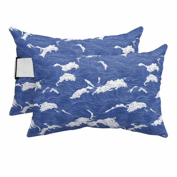 Outdoor Lumbar Pillows with Strap & Insert Blue Ocean Waves Recliner Head Pillow Pack of 2 Wavy Lines Waterproof Headrest Patio Lounge Chair Pillows for Beach Office Chaise Chair 11x16 Inch