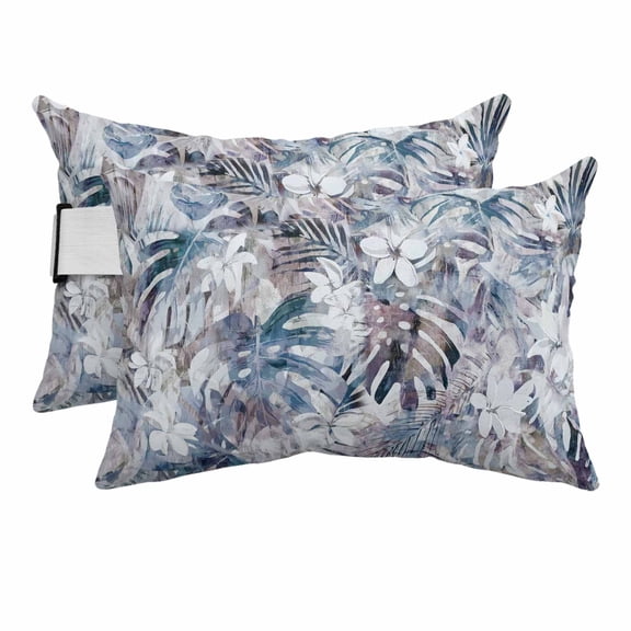 Outdoor Lumbar Pillows with Strap & Insert Blue Palm Leaves Recliner Head Pillow Pack of 2 Spring Flower Waterproof Headrest Patio Lounge Chair Pillows for Beach Office 12x20 Inch