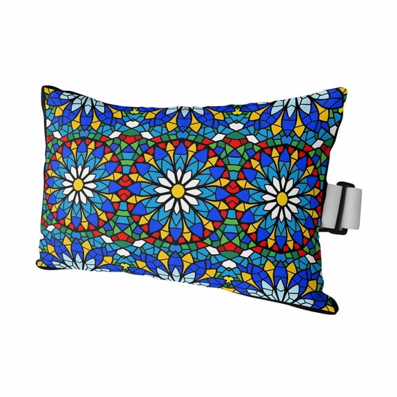 Outdoor Lumbar Pillows with Strap & Insert Blue Stained Glass Flower Recliner Head Pillow Shiny Tiling Bohemian Waterproof Headrest Patio Lounge Chair Pillows for Beach Office 11x16 Inch