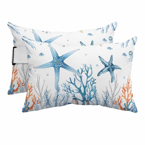 Outdoor Lumbar Pillows with Strap & Insert Blue Starfish Recliner Head Pillow Pack of 2 Cora Marine Life Fish Seagrass Waterproof Headrest Patio Lounge Chair Pillows for Beach Office 11x16 Inch