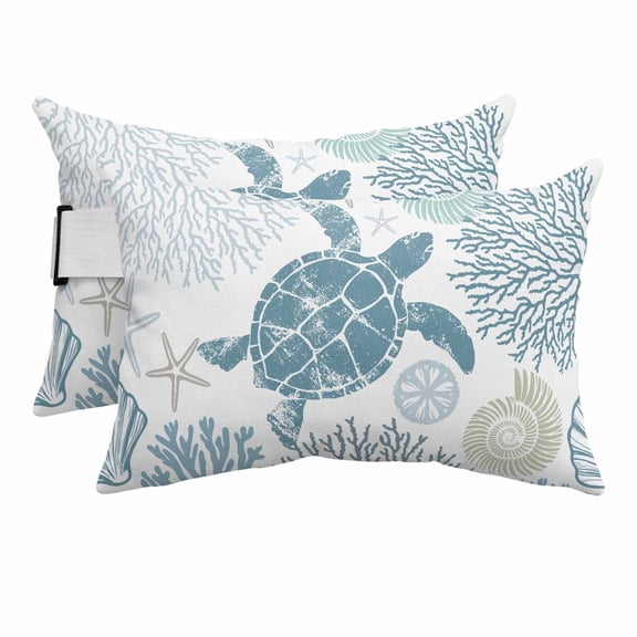 Outdoor Lumbar Pillows with Strap & Insert Blue Turtle Recliner Head Pillow Pack of 2 Ocean Coral Starfish Shell Waterproof Headrest Patio Lounge Chair Pillows for Beach Office 11x16 Inch