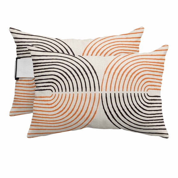 Outdoor Lumbar Pillows with Strap & Insert Boho Mirror Arched Lines Recliner Head Pillow Pack of 2 Orange Geometric Bohemian Waterproof Headrest Patio Lounge Chair Pillows for Beach Office 11x16 Inch
