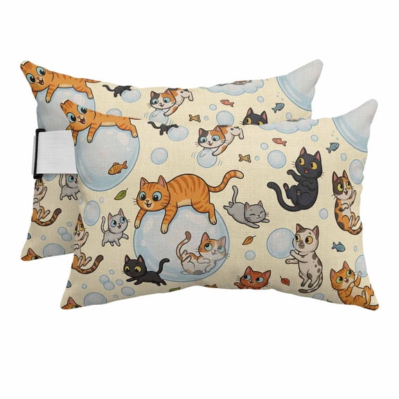Outdoor Lumbar Pillows with Strap & Insert Bubble Cute Cat Recliner Head Pillow Pack of 2 Yellow Playing Animal Catty Fish Waterproof Headrest Patio Lounge Chair Pillows for Beach Office 11x16 Inch