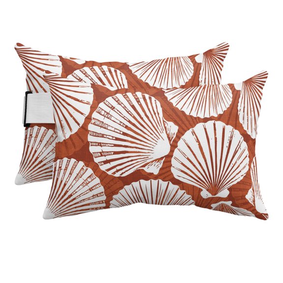 Outdoor Lumbar Pillows with Strap & Insert Burnt Orange Sea Shell Recliner Head Pillow Pack of 2 Coastal Ocean Scallop Waterproof Headrest Patio Lounge Chair Pillows for Beach Office 11x16 Inch
