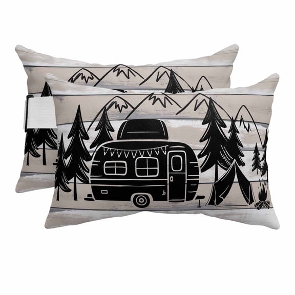 Outdoor Lumbar Pillows with Strap & Insert Camper Forest Recliner Head Pillow Pack of 2 Pine Trees Mountain Wood Grain Home Waterproof Headrest Patio Lounge Chair Pillows for Beach Office 11x16 Inch