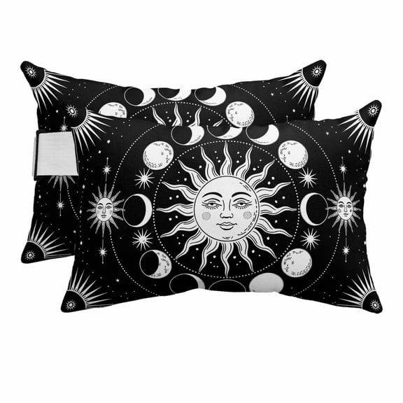 Outdoor Lumbar Pillows with Strap & Insert Celestial Sun and Moon Recliner Head Pillow Pack of 2 Black Starry Galaxy Boho Waterproof Headrest Patio Lounge Chair Pillows for Beach Office 11x16 Inch