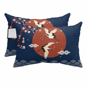 Outdoor Lumbar Pillows with Strap & Insert Cherry Blossom Crane Recliner Head Pillow Pack of 2 Japanese Blue Cloud Waves Waterproof Headrest Patio Lounge Chair Pillows for Beach Office 11x16 Inch