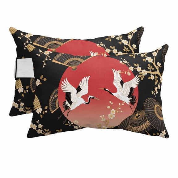 Outdoor Lumbar Pillows with Strap & Insert Cherry Blossom Crane Recliner Head Pillow Pack of 2 Paper Fan Japanese Style Waterproof Headrest Patio Lounge Chair Pillows for Beach Office 11x16 Inch