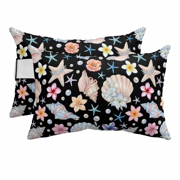 Outdoor Lumbar Pillows with Strap & Insert Coastal Shell Conch Recliner Head Pillow Pack of 2 Black Summer Ocean Starfish Waterproof Headrest Patio Lounge Chair Pillows for Beach Office 12x20 Inch