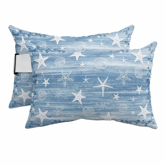 Outdoor Lumbar Pillows with Strap & Insert Coastal Starfish Shell Recliner Head Pillow Pack of 2 Blue Star Rustic Stripes Grain Waterproof Patio Lounge Chair Pillows for Beach Office 11x16 Inch
