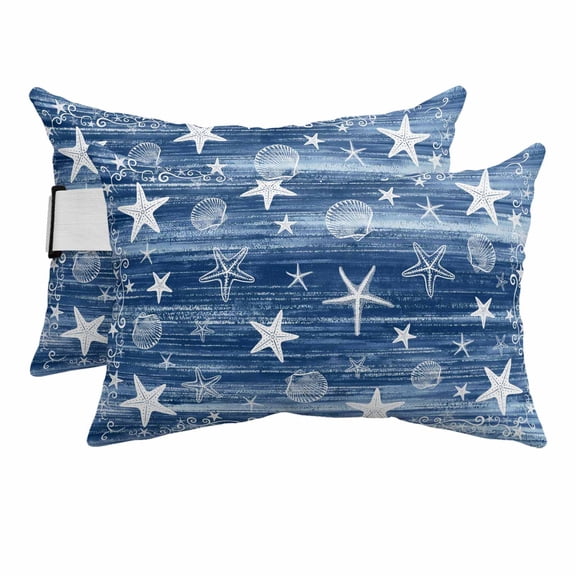 Outdoor Lumbar Pillows with Strap & Insert Coastal Starfish Shell Recliner Head Pillow Pack of 2 Navy Blue Star Rustic Stripes Grain Waterproof Patio Lounge Chair Pillows for Beach Office 11x16 Inch