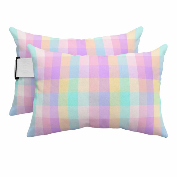 Outdoor Lumbar Pillows with Strap & Insert Colorful Buffalo Plaid Recliner Head Pillow Pack of 2 Classic Checked Waterproof Headrest Patio Lounge Chair Pillows for Beach Office 11x16 Inch