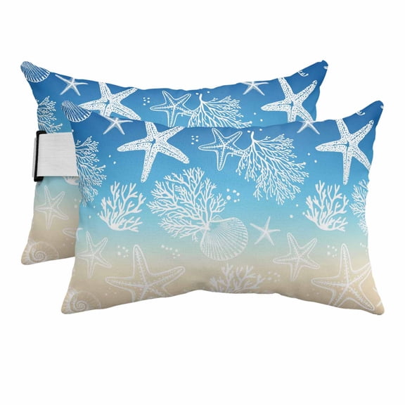 Outdoor Lumbar Pillows with Strap & Insert Coral Starfish Recliner Head Pillow Pack of 2 Ombre Blue Yellow Shell Marine Life Waterproof Patio Lounge Chair Pillows for Beach Office 11x16 Inch