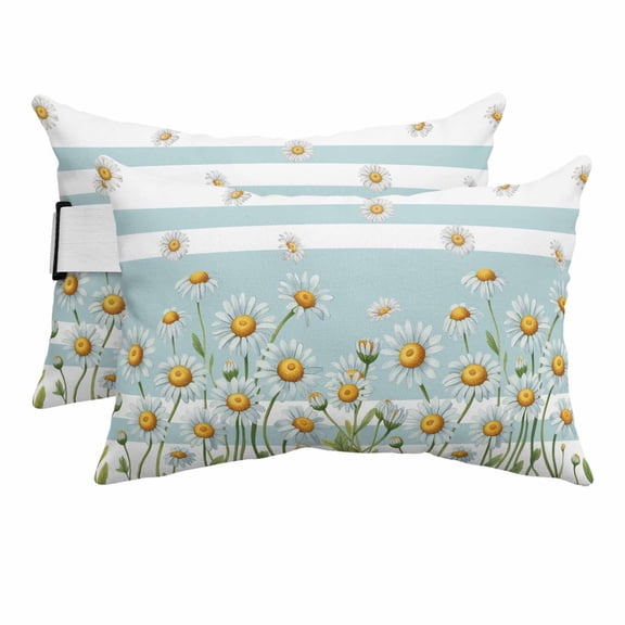 Outdoor Lumbar Pillows with Strap & Insert Daisy Flower Recliner Head Pillow Pack of 2 Watercolor Blue Leaves Stripes Waterproof Headrest Patio Lounge Chair Pillows for Beach Office 11x16 Inch