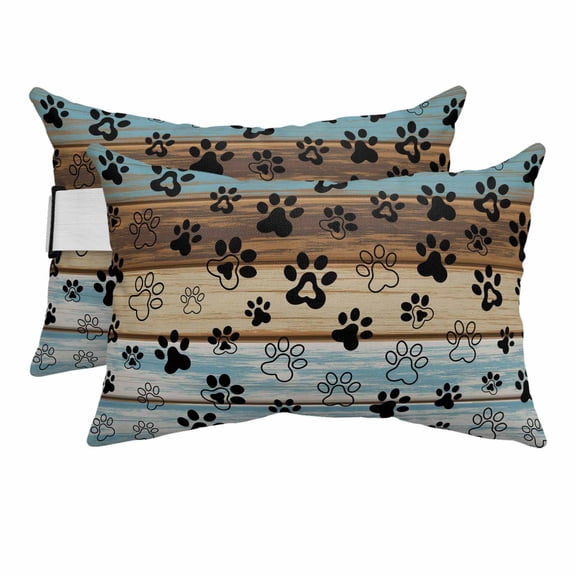 Outdoor Lumbar Pillows with Strap & Insert Dog Claw Paw Print Recliner Head Pillow Pack of 2 Pet Blue Brown Wood Grain Waterproof Headrest Patio Lounge Chair Pillows for Beach Office 11x16 Inch