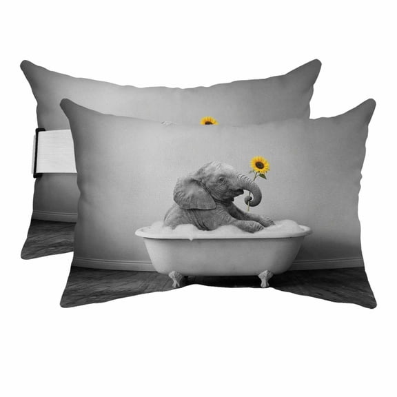 Outdoor Lumbar Pillows with Strap & Insert Elephant Shower on Bathtub Recliner Head Pillow Pack of 2 Sunflower Funny Animal Waterproof Headrest Patio Lounge Chair Pillows for Beach Office 11x16 Inch