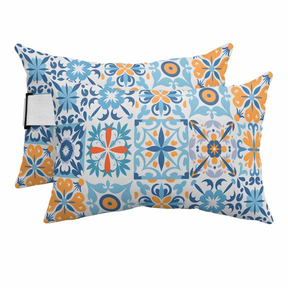 Outdoor Lumbar Pillows with Strap & Insert Floral Geometric Recliner Head Pillow Pack of 2 Vintage Blue Flower Ceramic Brick Waterproof Patio Lounge Chair Pillows for Beach Office 11x16 Inch