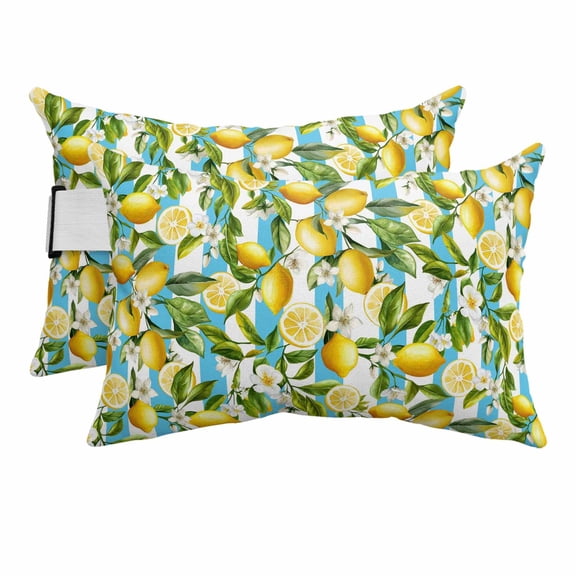 Outdoor Lumbar Pillows with Strap & Insert Floral Lemon Recliner Head Pillow Pack of 2 Summer Fruit Green Leaves Blue Stripes Waterproof Patio Lounge Chair Pillows for Beach Office 11x16 Inch