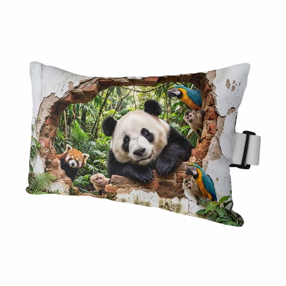 Outdoor Lumbar Pillows with Strap & Insert Forest Animal Recliner Head Pillow Broken Wall Panda Parrot Monkey Raccoon Waterproof Headrest Patio Lounge Chair Pillows for Beach Office 11x16 Inch