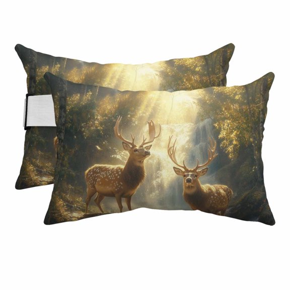 Outdoor Lumbar Pillows with Strap & Insert Forest Deer Recliner Head Pillow Pack of 2 Fantasy Yellow Sunlight Waterproof Headrest Patio Lounge Chair Pillows for Beach Office 11x16 Inch