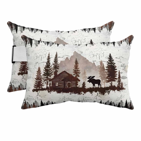 Outdoor Lumbar Pillows with Strap & Insert Forest Moose Recliner Head Pillow Pack of 2 Log Cabin Animal Pine Tree Woodland Waterproof Headrest Patio Lounge Chair Pillows for Beach Office 11x16 Inch