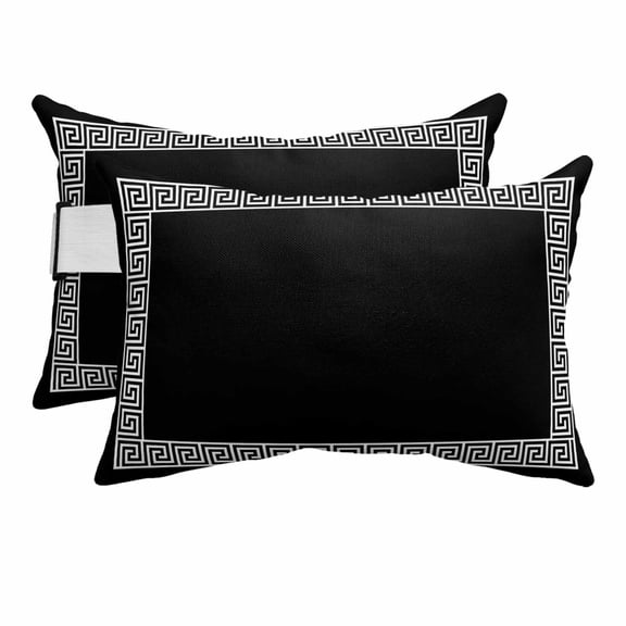 Outdoor Lumbar Pillows with Strap & Insert Geometric Greek Key Design Recliner Head Pillow Pack of 2 Black Waterproof Headrest Patio Lounge Chair Pillows for Beach Office Chaise Chair 11x16 Inch