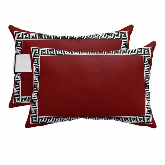 Outdoor Lumbar Pillows with Strap & Insert Geometric Greek Key Design Recliner Head Pillow Pack of 2 Red Waterproof Headrest Patio Lounge Chair Pillows for Beach Office Chaise Chair 11x16 Inch
