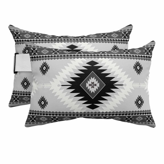 Outdoor Lumbar Pillows with Strap & Insert Gray Bohemian Recliner Head Pillow Pack of 2 Aztec Boho Tribal Style Waterproof Headrest Patio Lounge Chair Pillows for Beach Office 11x16 Inch