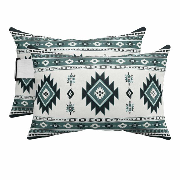 Outdoor Lumbar Pillows with Strap & Insert Green Bohemian Recliner Head Pillow Pack of 2 Southwest Tribal Aztec Boho Waterproof Headrest Patio Lounge Chair Pillows for Beach Office 11x16 Inch