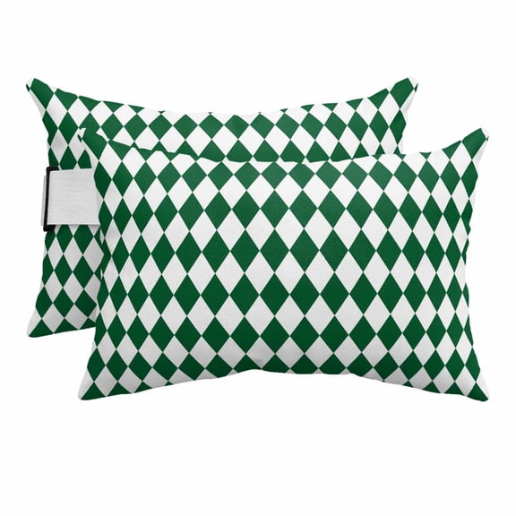 Outdoor Lumbar Pillows with Strap & Insert Green Diamond Plaid Recliner Head Pillow Pack of 2 White Geometric Check Waterproof Headrest Patio Lounge Chair Pillows for Beach Office 12x20 Inch