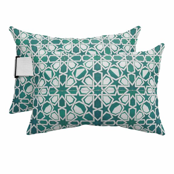 Outdoor Lumbar Pillows with Strap & Insert Green Floral Stripes Recliner Head Pillow Pack of 2 Geometric Morocco Art Waterproof Headrest Patio Lounge Chair Pillows for Beach Office 11x16 Inch