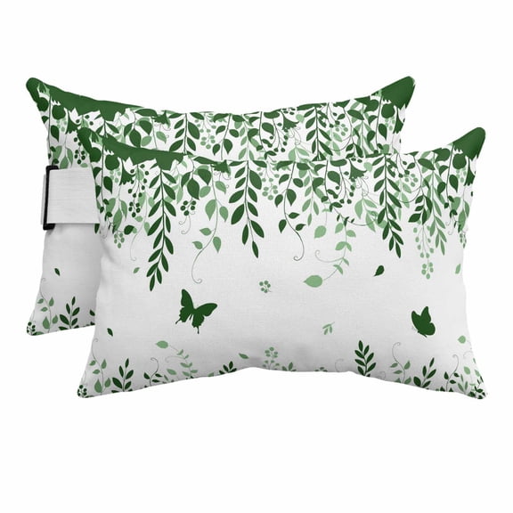 Outdoor Lumbar Pillows with Strap & Insert Green Leaves Branches Recliner Head Pillow Pack of 2 Butterfly Leaf Waterproof Headrest Patio Lounge Chair Pillows for Beach Office 11x16 Inch