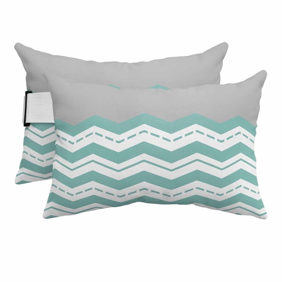 Outdoor Lumbar Pillows with Strap & Insert Grey Turquoise Waves Recliner Head Pillow Pack of 2 Chevron Stripe Waterproof Headrest Patio Lounge Chair Pillows for Beach Office 11x16 Inch