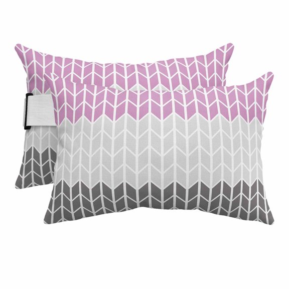 Outdoor Lumbar Pillows with Strap & Insert Herringbone Pattern Recliner Head Pillow Pack of 2 Vintage Pink Ombre Grey Waterproof Headrest Patio Lounge Chair Pillows for Beach Office 11x16 Inch