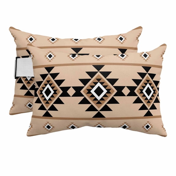 Outdoor Lumbar Pillows with Strap & Insert Khaki Aztec Recliner Head Pillow Pack of 2 Western Tribal Pattern Waterproof Headrest Patio Lounge Chair Pillows for Beach Office Chaise Chair 11x16 Inch
