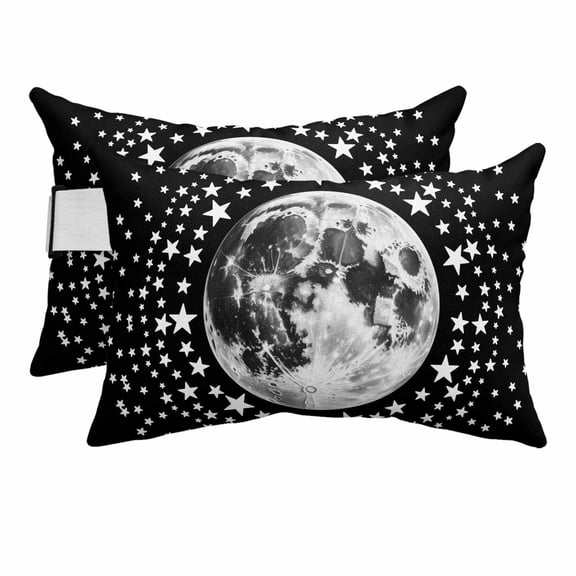 Outdoor Lumbar Pillows with Strap & Insert Moon Star Cluster Recliner Head Pillow Pack of 2 Black Starry Night Waterproof Headrest Patio Lounge Chair Pillows for Beach Office 12x20 Inch