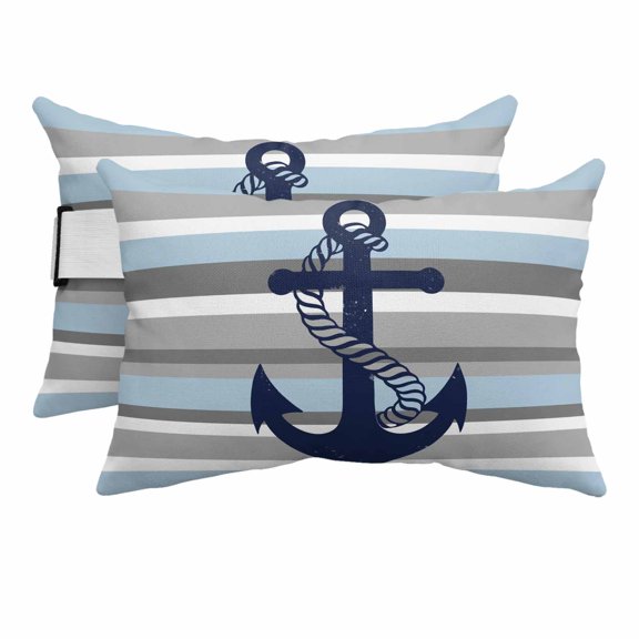 Outdoor Lumbar Pillows with Strap & Insert Nautical Anchor Recliner Head Pillow Pack of 2 Blue Grey Stripes Waterproof Headrest Patio Lounge Chair Pillows for Beach Office Chaise Chair 11x16 Inch