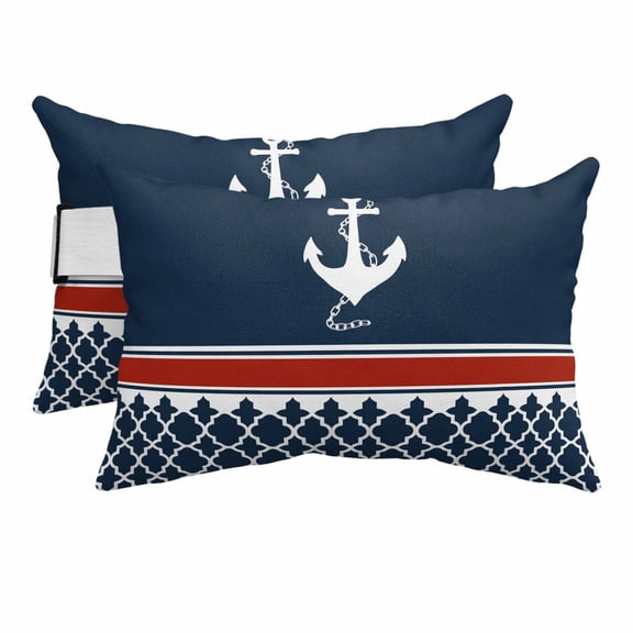 Outdoor Lumbar Pillows with Strap & Insert Nautical Anchor Recliner Head Pillow Pack of 2 Red Navy Blue Geometric Stripes Waterproof Headrest Patio Lounge Chair Pillows for Beach Office 11x16 Inch
