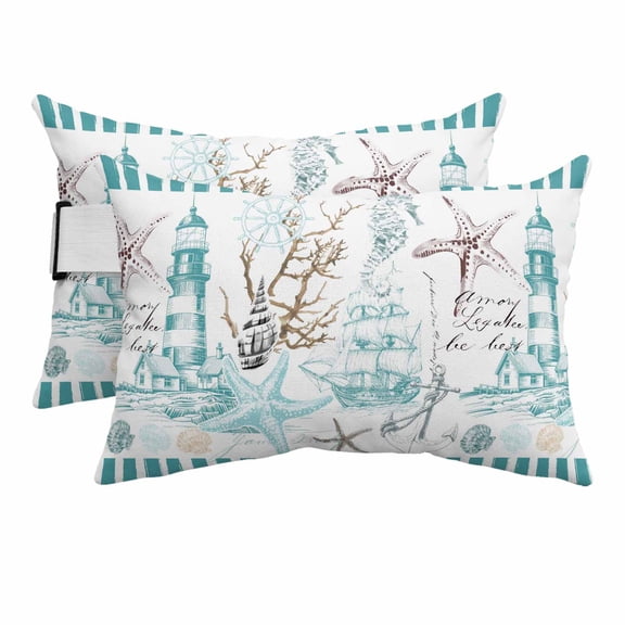 Outdoor Lumbar Pillows with Strap & Insert Nautical Sailboat Recliner Head Pillow Pack of 2 Lighthouse Anchor Starfish Turquoise Stripe Waterproof Lounge Chair Pillows for Beach Office 11x16 Inch