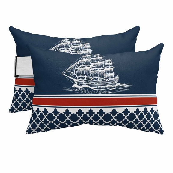 Outdoor Lumbar Pillows with Strap & Insert Nautical Sailing Boats Recliner Head Pillow Pack of 2 Red Navy Blue Geometric Stripes Waterproof Patio Lounge Chair Pillows for Beach Office 11x16 Inch
