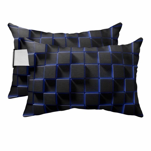 Outdoor Lumbar Pillows with Strap & Insert Navy Blue Black Cubes Recliner Head Pillow Pack of 2 Modern Artificial Waterproof Headrest Patio Lounge Chair Pillows for Beach Office 11x16 Inch