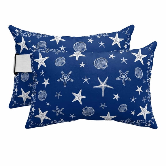 Outdoor Lumbar Pillows with Strap & Insert Navy Blue Starfish Shell Recliner Head Pillow Pack of 2 Coastal Star Ocean Waterproof Headrest Patio Lounge Chair Pillows for Beach Office 11x16 Inch