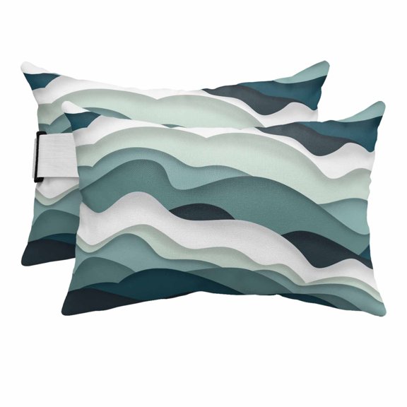 Outdoor Lumbar Pillows with Strap & Insert Ocean Green Recliner Head Pillow Pack of 2 Abstract Waves Ombre Waterproof Headrest Patio Lounge Chair Pillows for Beach Office Chaise Chair 11x16 Inch