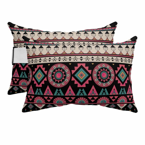 Outdoor Lumbar Pillows with Strap & Insert Pink Aztec Boho Recliner Head Pillow Pack of 2 Tribal Geometric Pattern Waterproof Headrest Patio Lounge Chair Pillows for Beach Office 11x16 Inch