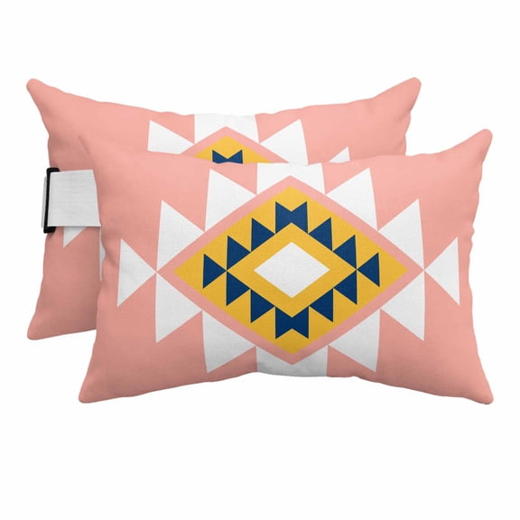 Outdoor Lumbar Pillows with Strap & Insert Pink Aztec Recliner Head Pillow Pack of 2 Boho Western Tribal Pattern Waterproof Headrest Patio Lounge Chair Pillows for Beach Office 11x16 Inch