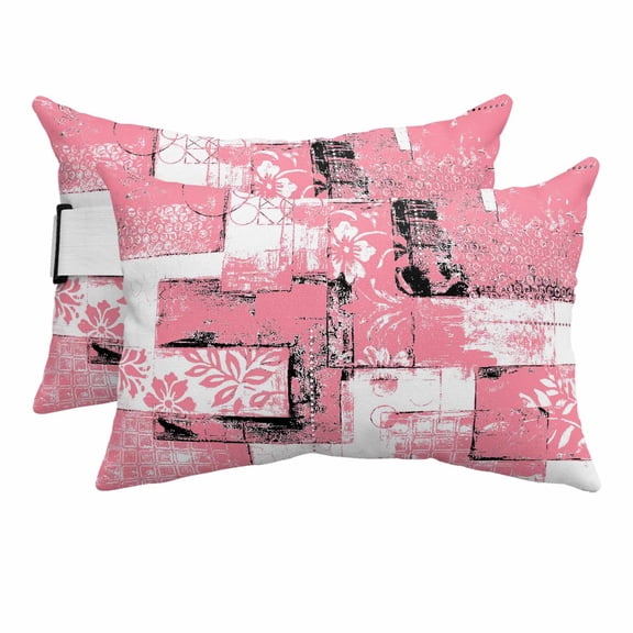 Outdoor Lumbar Pillows with Strap & Insert Pink Floral Leaves Recliner Head Pillow Pack of 2 Boho Graffiti Plaid Collage Waterproof Headrest Patio Lounge Chair Pillows for Beach Office 12x20 Inch